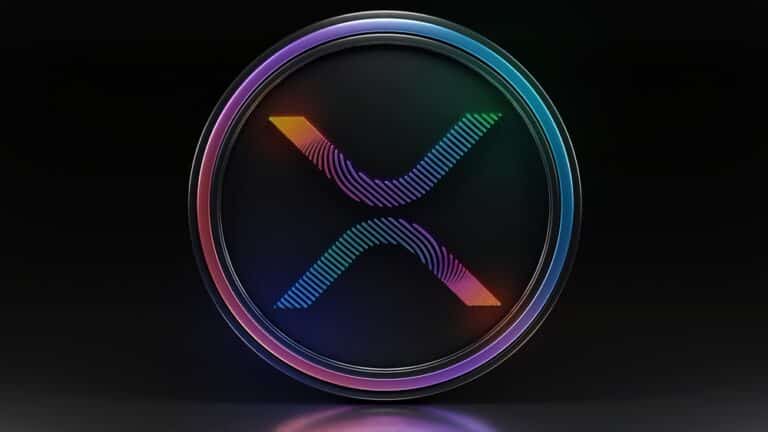 شعار عملة ريبل (Ripple) بألوان الطيف على خلفية سوداء