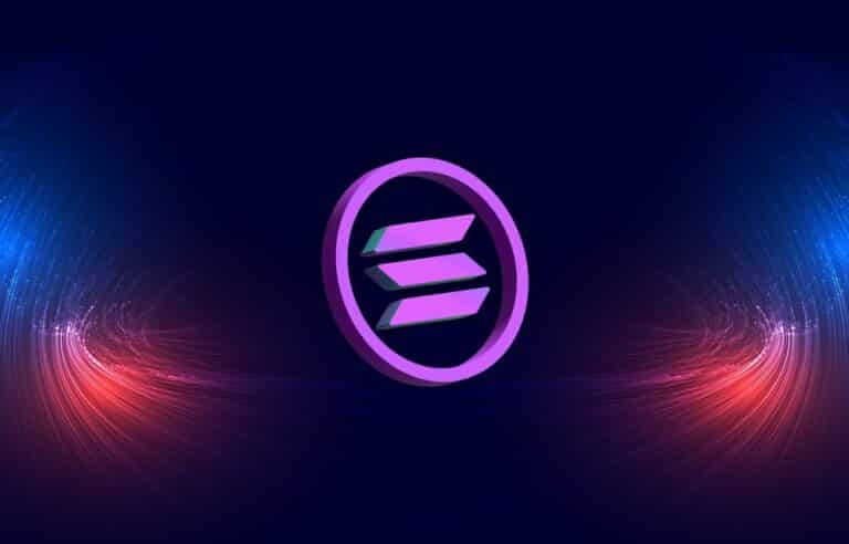 رمز بلوكتشين وعملة سولانا محاطاً بموجات حمراء وزرقاء