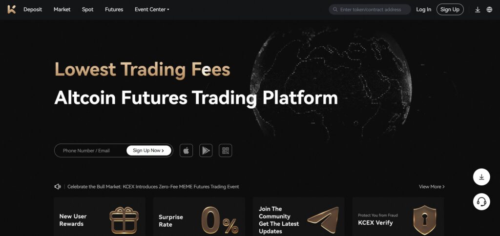 Homepage da KCEX, plataforma com bônus de depósito em criptomoedas