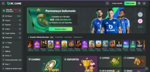 A interface do site BC.GAME destacando promoções de cassino e esportes, com jogadores em destaque e várias opções de jogos.