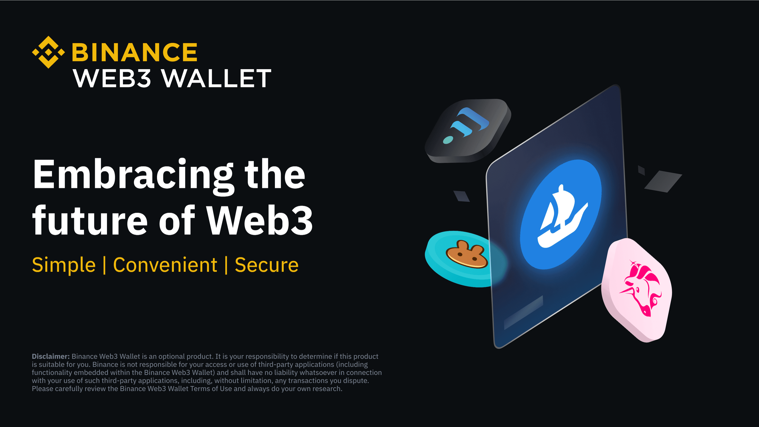 Imagem do Binance Web3 Wallet, destacando a simplicidade, conveniência e segurança para usuários na era do Web3. Ideal para transações digitais.