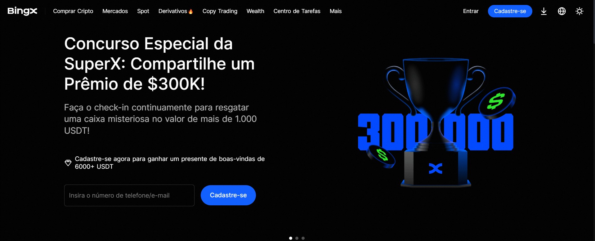 Imagem promocional do Concurso Especial da SuperX, destacando um prêmio total de $300K e incentivo para participação contínua. opção para copy trading