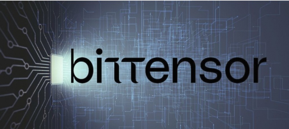 Logo da BitTensor com design tecnológico e fundo de circuitos digitais. BitTensor é uma plataforma descentralizada para inteligência artificial.