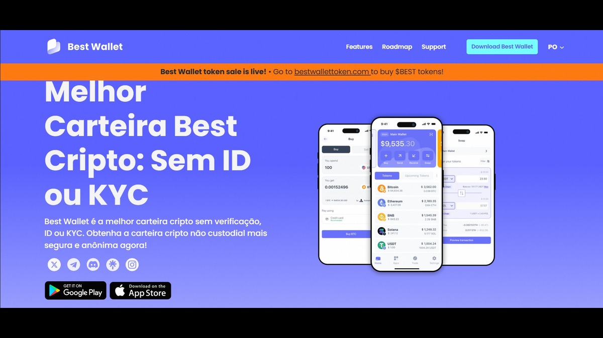 pré venda de criptomoedas Best Wallet, destacando a melhor carteira cripto sem ID ou KYC, com informações sobre segurança e anonimato.