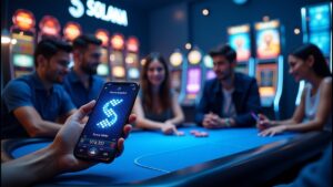 Imagem de um grupo de amigos em cassino, com um celular mostrando o logo da Solana, simbolizando a integração de criptomoedas e jogos de cassino.