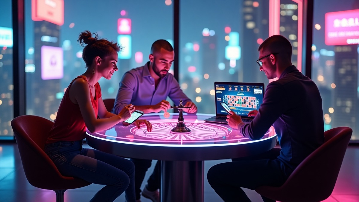 Três pessoas jogando em um cassino com saque instantâneo. Uma mulher e um homem jogam em smartphones, enquanto um terceiro homem usa um laptop. A mesa iluminada e a cidade ao fundo criam uma atmosfera vibrante e de entretenimento.