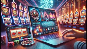 Imagem de um jogo de cassino online com mesa de roleta e caça-níqueis em um ambiente vibrante e iluminado, mostrando fichas de poker e um laptop.