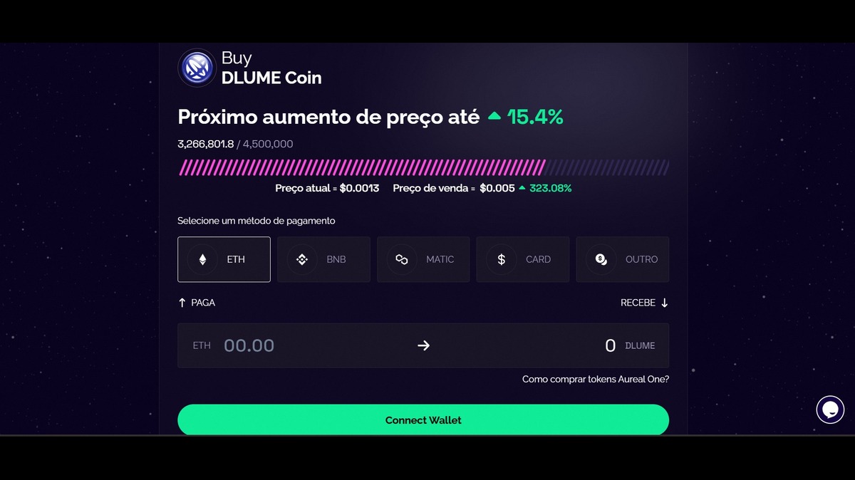 como comprar Aureal One: Tela de compra do DLUme Coin, mostrando aumento de preço projetado de 15,4% e opções de pagamento como ETH, BNB, MATIC e cartão.
