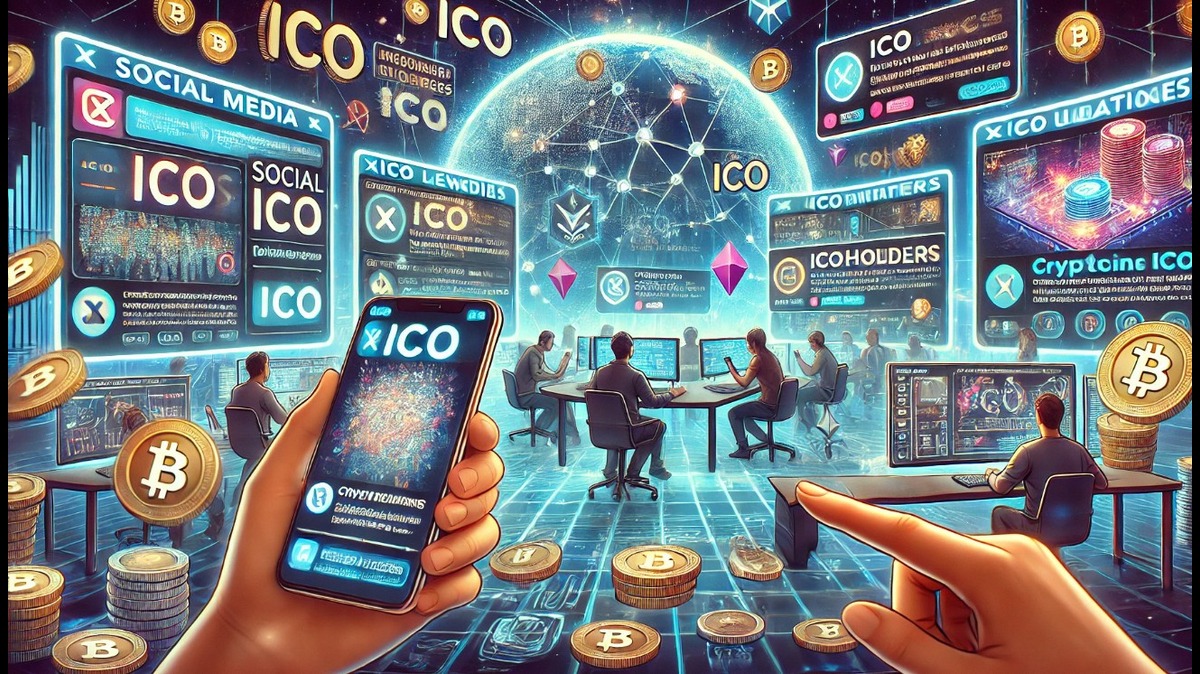 Imagem ilustrativa sobre ICO e criptomoedas, mostrando um ambiente virtual com pessoas interagindo e diversas informações na tela sobre investimentos em ICO.
