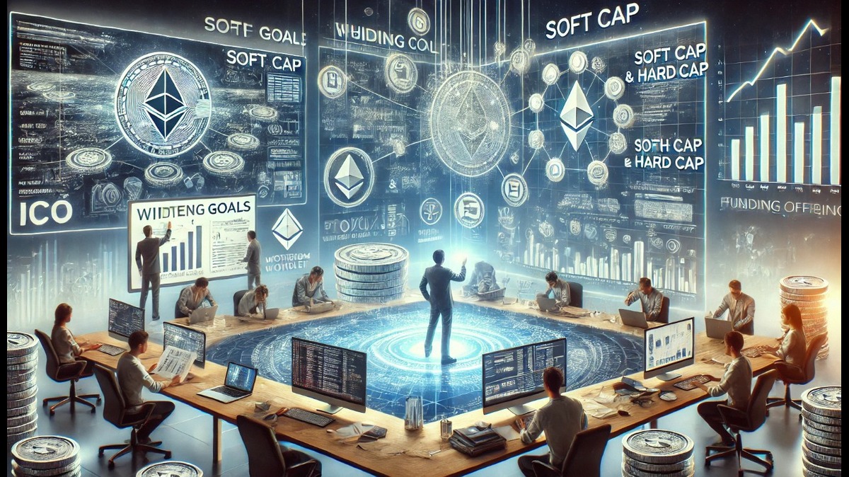 Imagem conceitual de uma equipe de profissionais analisando dados financeiros e de criptomoedas. Representa a evolução do Ethereum e seus objetivos de financiamento.