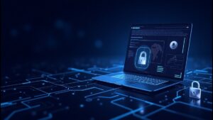 Imagem de um laptop com fundo azul e elementos de segurança digital, como cadeados e gráficos, ilustrando a proteção de dados e cibersegurança, características das corretoras de criptomoedas sem KYC