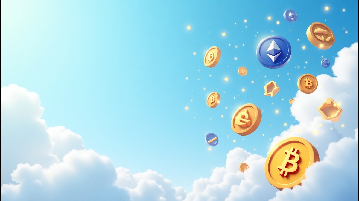 Imagem ilustrativa mostrando criptomoedas flutuando entre nuvens em um fundo azul. Representa a inovação e o mercado das criptomoedas, como Bitcoin e Ethereum.