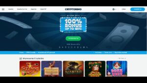 Tela inicial do cassino online Cryptorino, destacando a oferta de bônus de 100% e diversos jogos disponíveis. Ideal para jogadores que buscam diversão e ganhos.