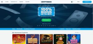 Tela inicial do cassino com saque instantâneo Cryptorino, destacando a oferta de bônus de 100% e diversos jogos disponíveis. Ideal para jogadores que buscam diversão e ganhos.