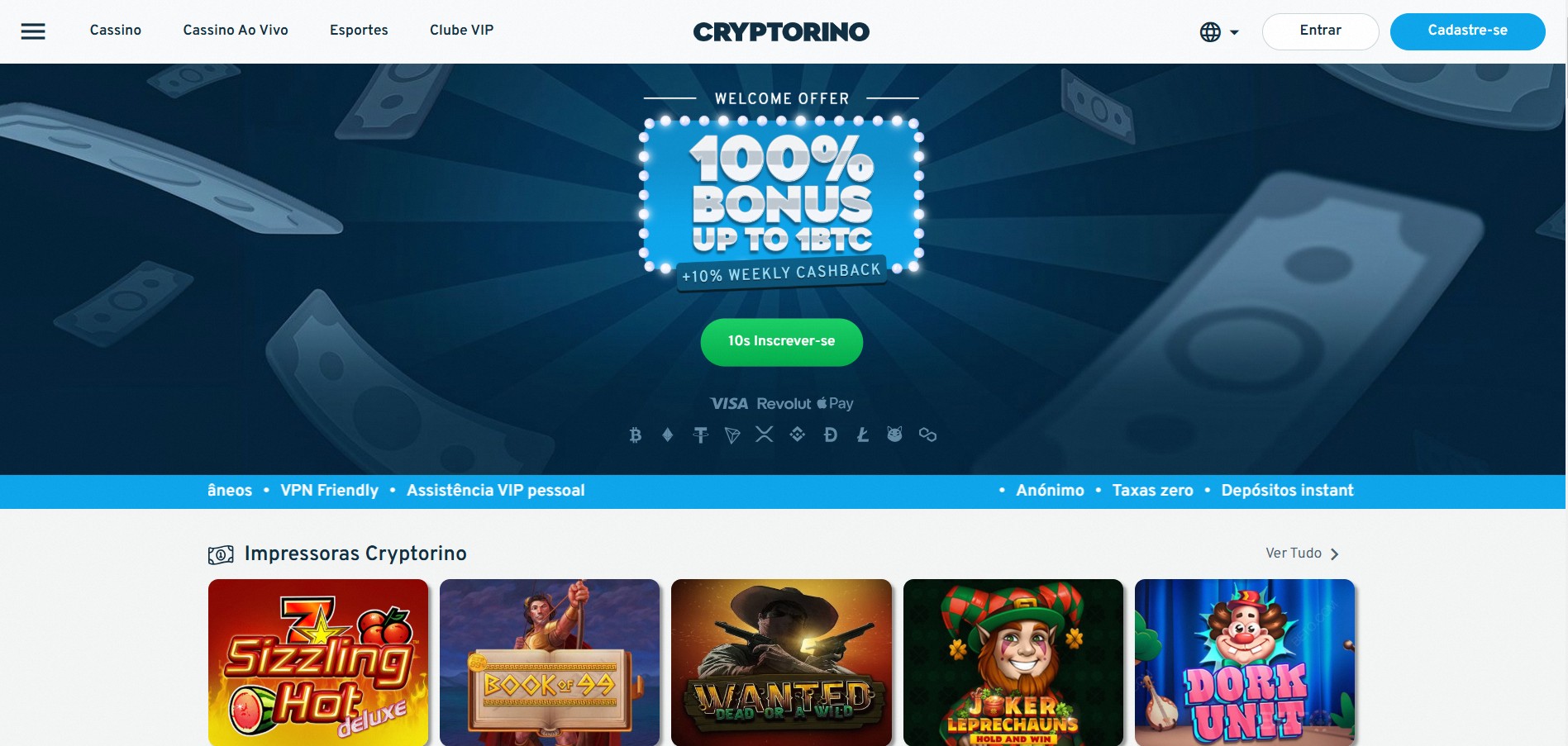 Bônus do Cryptorino, um dos melhores casinos de criptomoedas disponíveis em Portugal
