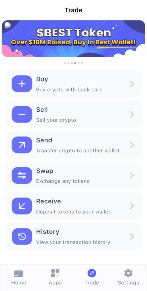 Interface de aplicativo de negociação de criptomoedas da carteira Best Wallet