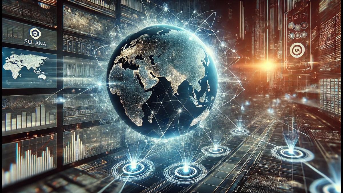 Imagem de uma representação digital do globo terrestre conectando-se à rede Solana, com gráficos e dados ao fundo, simbolizando tecnologia e inovação.