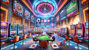Imagem de um cassino solana, com mesas de jogos e máquinas caça-níqueis iluminadas, ideal para entusiastas de jogos de azar.
