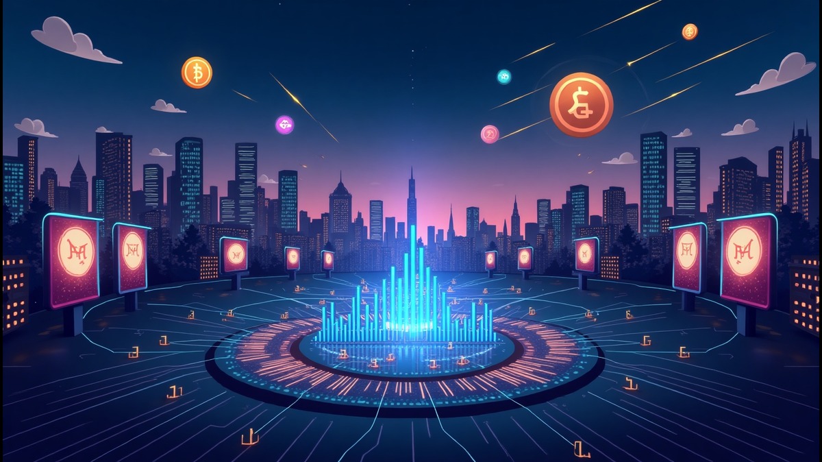 Imagem digital que representa o universo das criptomoedas com gráficos em destaque, ícones de moedas virtuais e cenário urbano ao fundo.