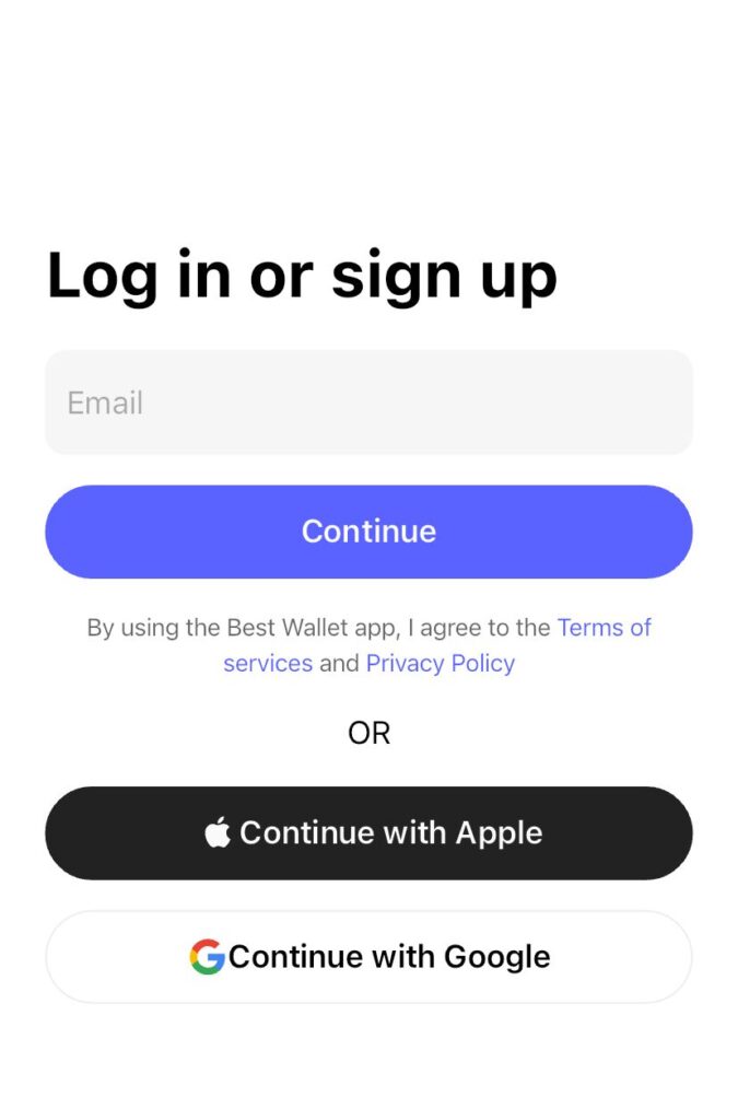 Tela de login ou cadastro do aplicativo Best Wallet