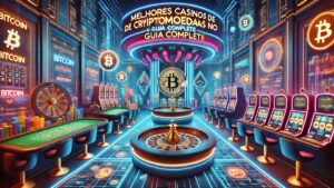 Ilustração futurista de um cassino digital representando os melhores cassinos de criptomoedas no Brasil