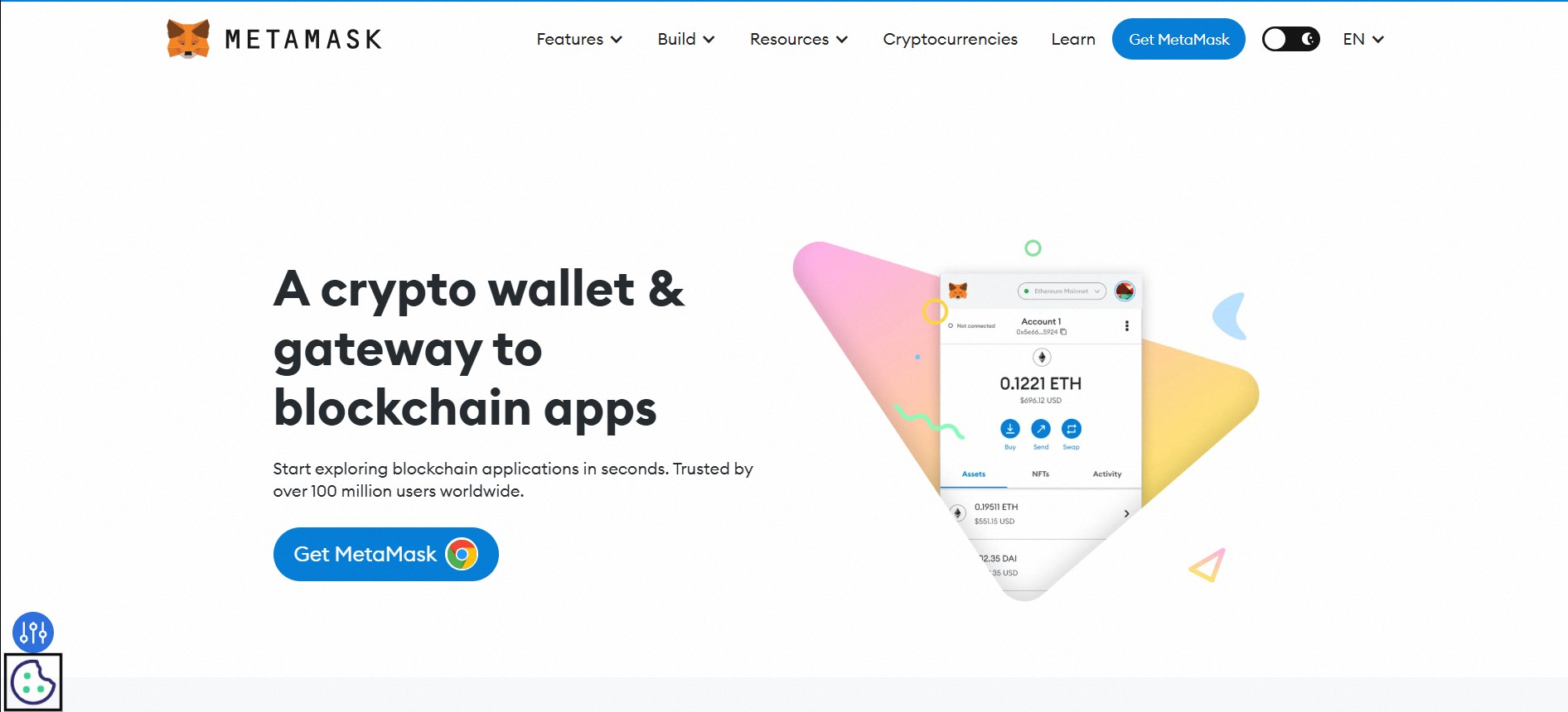 Imagem da interface do Metamask, uma carteira de criptomoedas que serve como portal para aplicativos blockchain, com mais de 100 milhões de usuários.