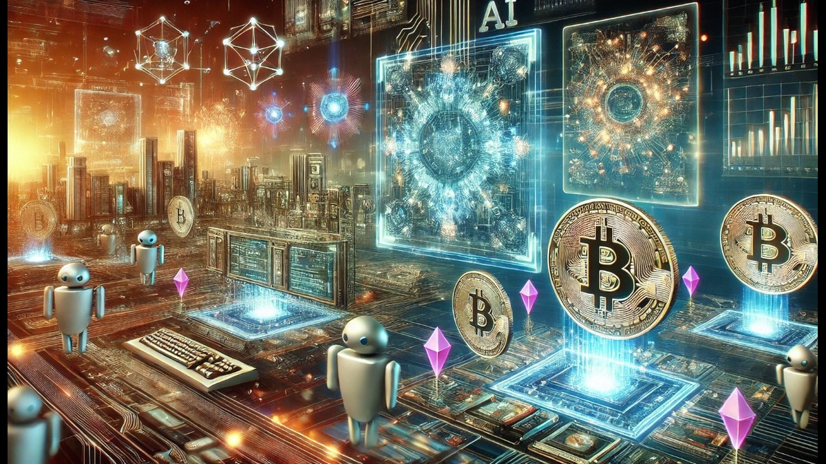 Imagem futurista que representa a interseção de IA e criptomoedas, mostrando robôs, gráficos e símbolos de Bitcoin em um ambiente digital. Ideal para o tema de tecnologia e finanças.