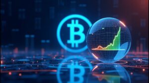 Imagem ilustrativa de criptomoedas mostrando um gráfico crescente dentro de uma esfera, com o símbolo do Bitcoin ao fundo. Representa o crescimento e o investimento em criptomoedas.