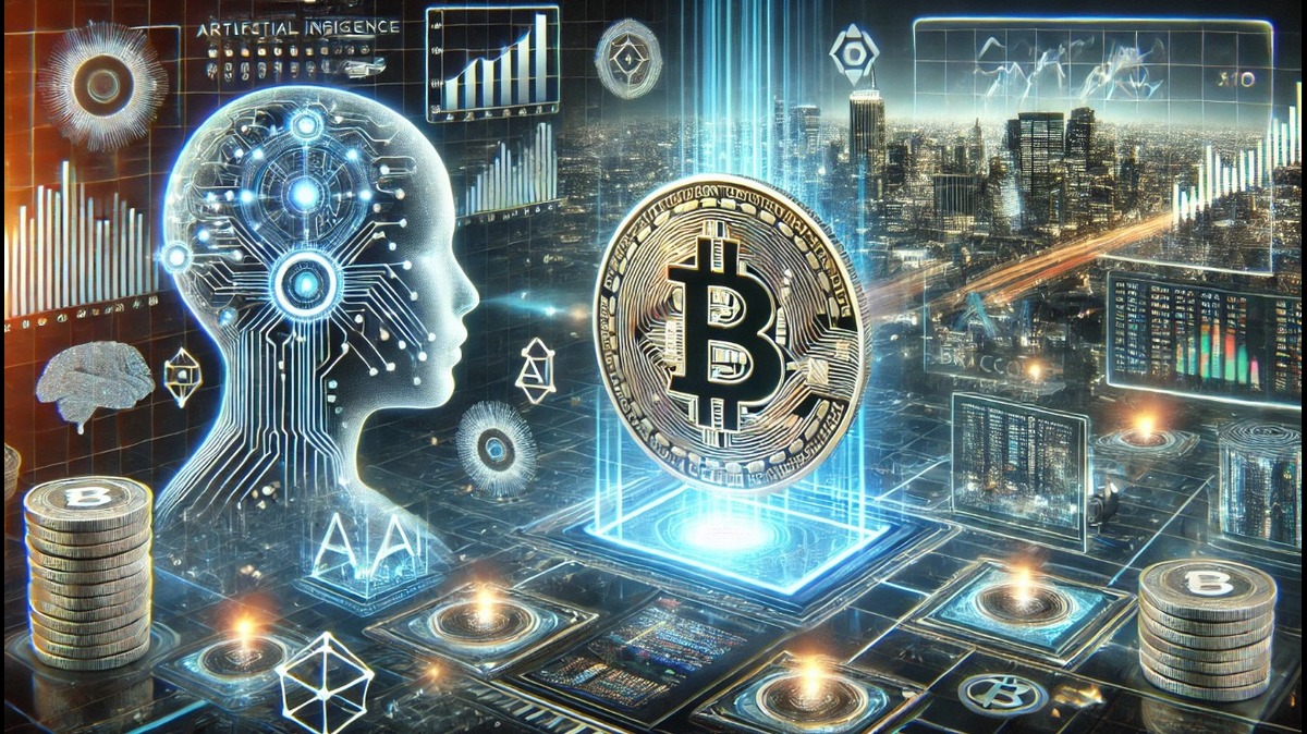 Imagem que ilustra a conexão entre inteligência artificial e criptomoedas, destacando o Bitcoin em um cenário futurista com gráficos e dados.