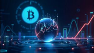 Imagem digital representando gráficos financeiros e a moeda Bitcoin, simbolizando o mercado de criptomoedas e suas tendências de investimento.