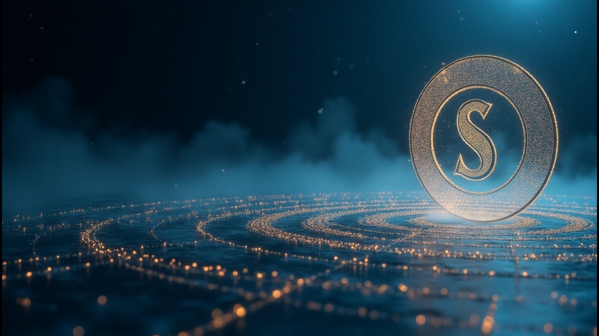 Imagem de uma moeda dourada com o símbolo S, brilhando em um fundo escuro com partículas de luz, representando conceitos financeiros ou digitais.