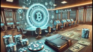Imagem de um ambiente de negociação de criptomoedas, destacando o símbolo do Bitcoin e referências à Solana, com mesas e dinheiro ao fundo.