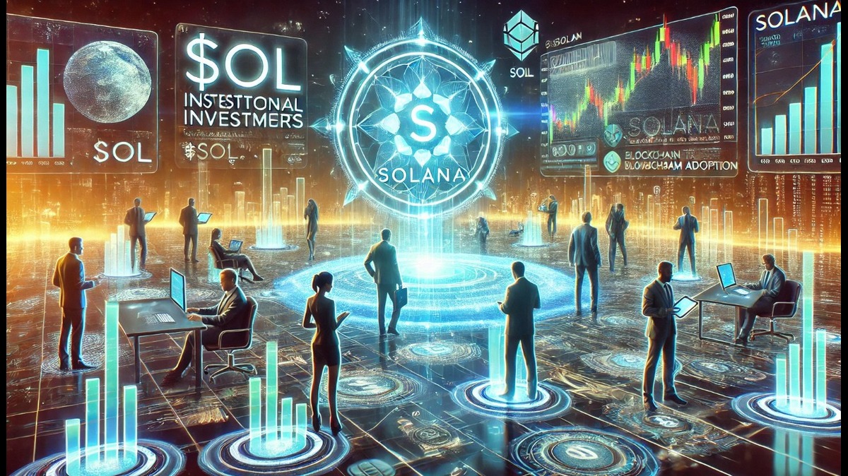 Imagem ilustrativa da criptomoeda Solana com gráficos e investidores em um ambiente digital, destacando o crescimento, previsao de preço e a adoção da blockchain.