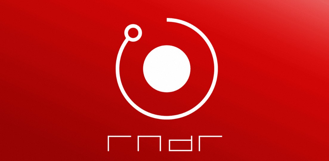 Logotipo da plataforma RNDR, destacando um design moderno e minimalista em um fundo vermelho, simbolizando inovação em renderização.