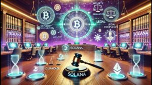 Imagem ilustrativa sobre criptomoedas, destacando a blockchain Solana e aspectos legais como segurança e regulamentação. A cena se passa em um escritório moderno.