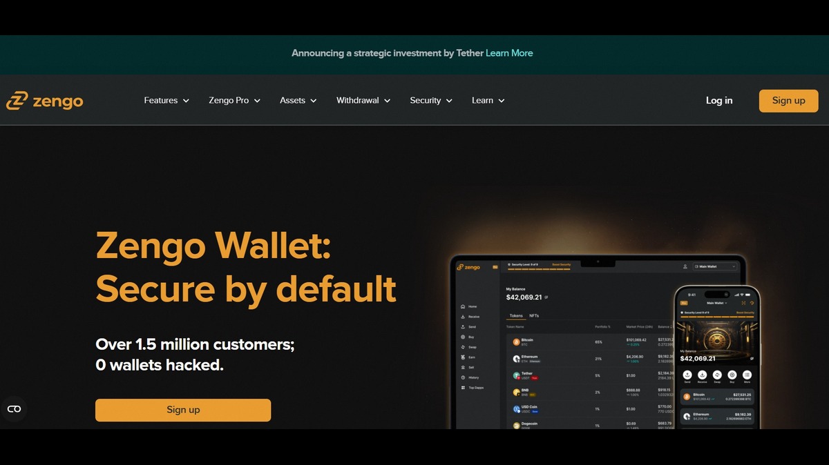 Imagem de smartphones mostrando um aplicativo de criptomoedas com saldo de $36,083.29, permitindo transações como enviar, receber e trocar criptomoedas.