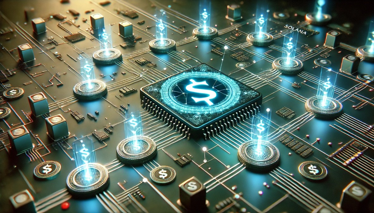 Imagem de um circuito eletrônico com símbolos de dólar e um microchip iluminado, representando o conceito de tecnologia financeira e criptomoedas.