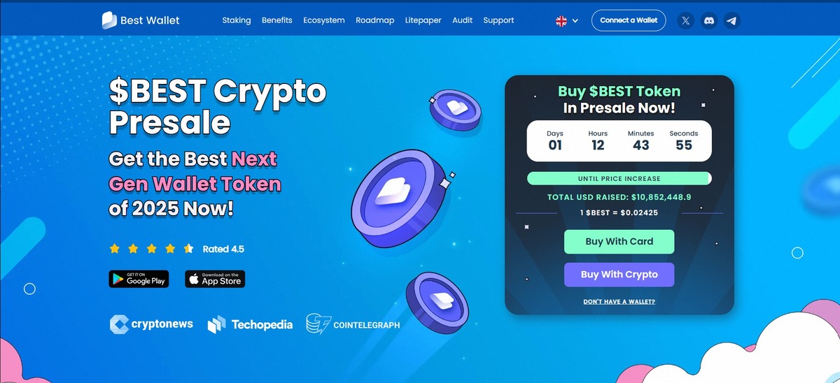 Imagem promocional do presale do token $BEST, enfatizando sua nova geração de carteira digital para 2025.