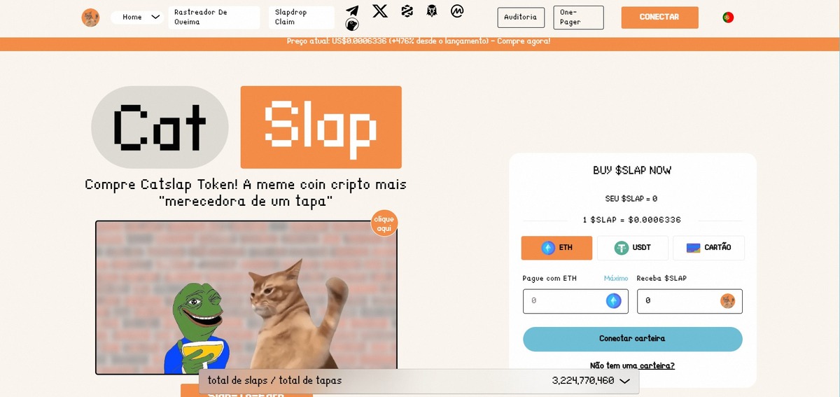 Imagem promocional do Cat Slap Token, uma moeda criptográfica meme. Apresenta um gato e um personagem divertido.