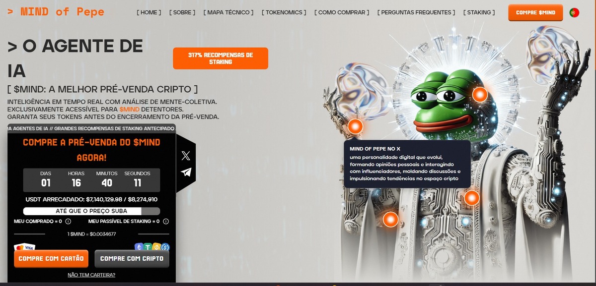 Imagem do projeto Mind of Pepe, apresentando um personagem inspirado no famoso meme Pepe, com elementos de tecnologia e IA, destacando a pré-venda do token $MIND.