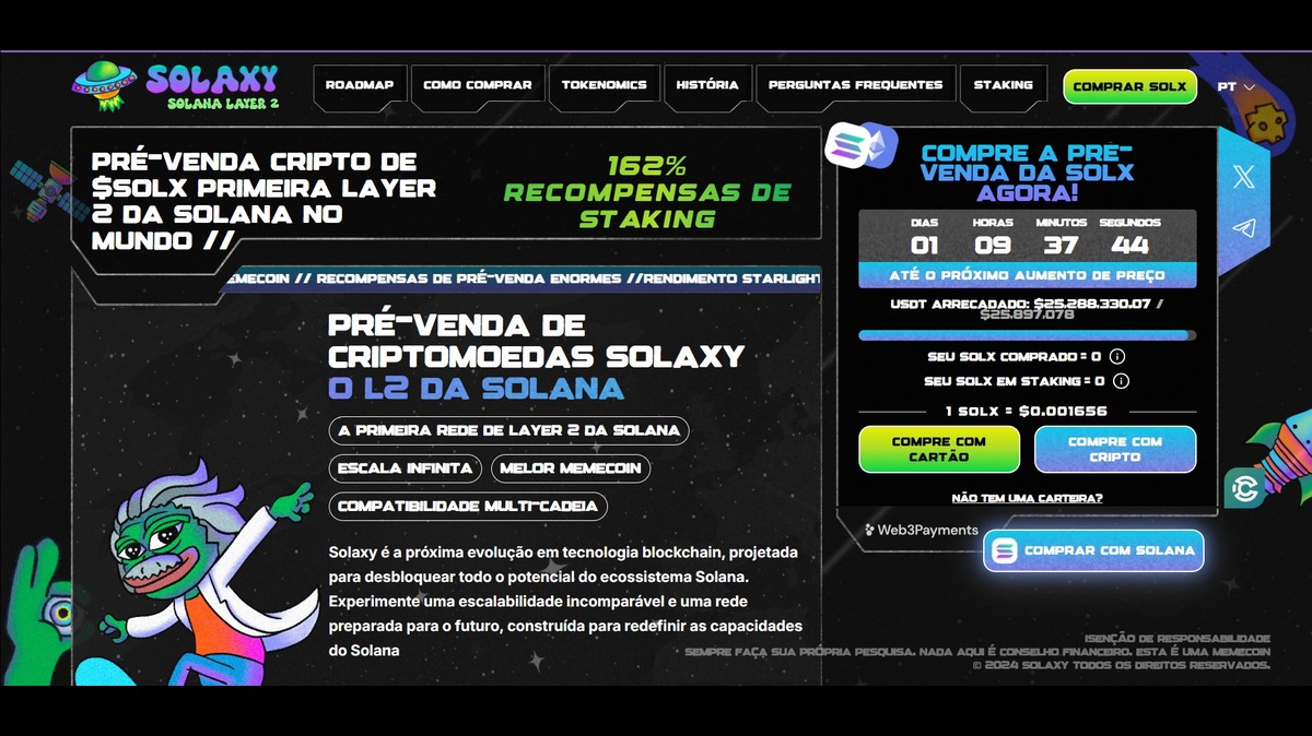 Imagem da pré-venda de criptomoedas Solaxy, destacando recompensas de 162% em staking e informações sobre a rede Layer 2 da Solana.