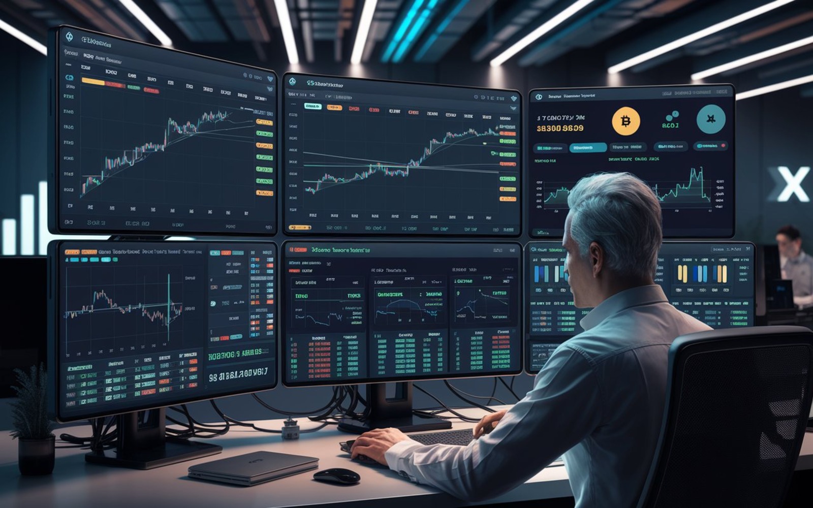 gráficos e dados de mercado da OKX em múltiplos monitores