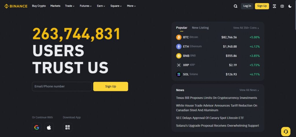 Página inicial da Binance mostrando que 263744831 usuários confiam na plataforma para comprar criptomoedas. Inclui informações sobre moedas populares como Bitcoin e Ethereum.