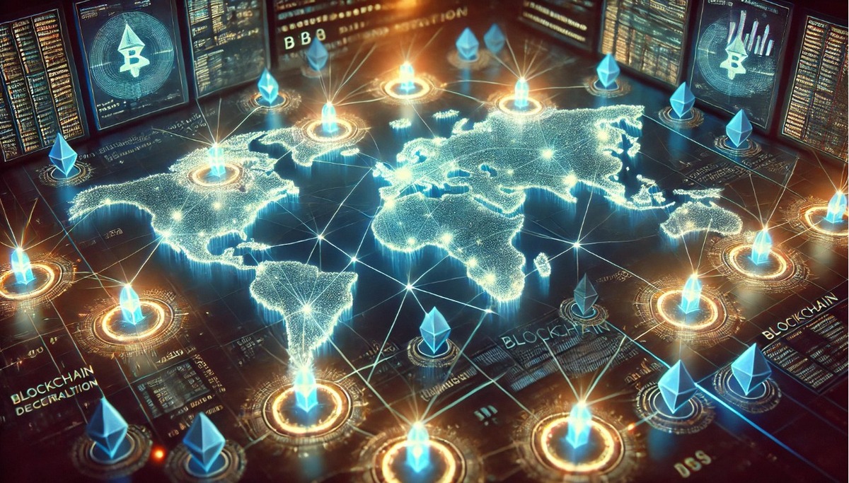 O que é blockchain. Imagem ilustrativa de um mapa-múndi digital com pontos de rede, representando a tecnologia blockchain e criptomoedas, destacando sua globalização e interconexão.