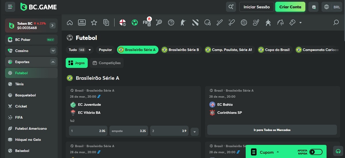 O BC Game cobre mercados de apostas no Brasileirão Série A e B