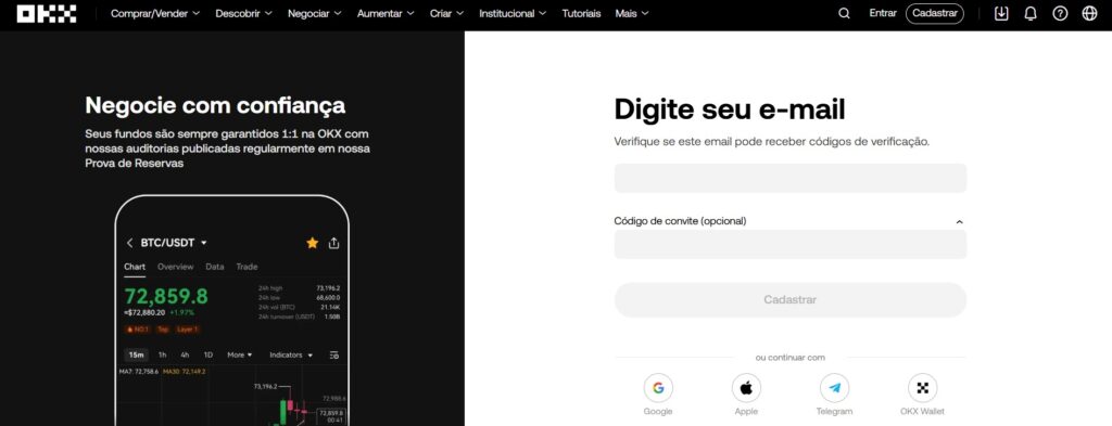 Tela para inserir o email para cadastro na OKX