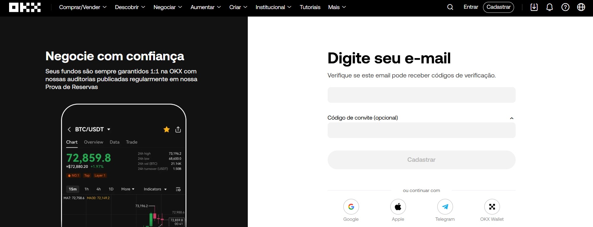 Tela para inserir o email para cadastro na OKX