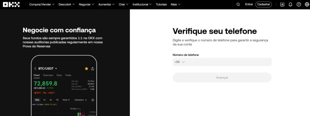 Tela para verificação do telefone celular