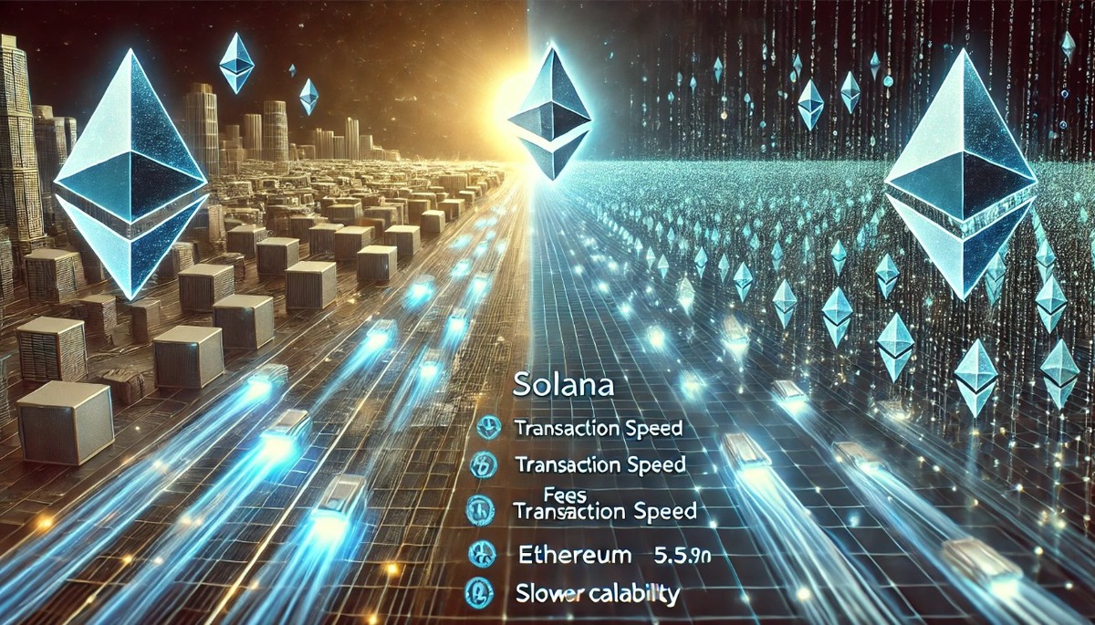 Imagem comparativa entre Solana e Ethereum, destacando velocidade de transação e taxas. Solana apresenta maior eficiência em relação ao Ethereum.