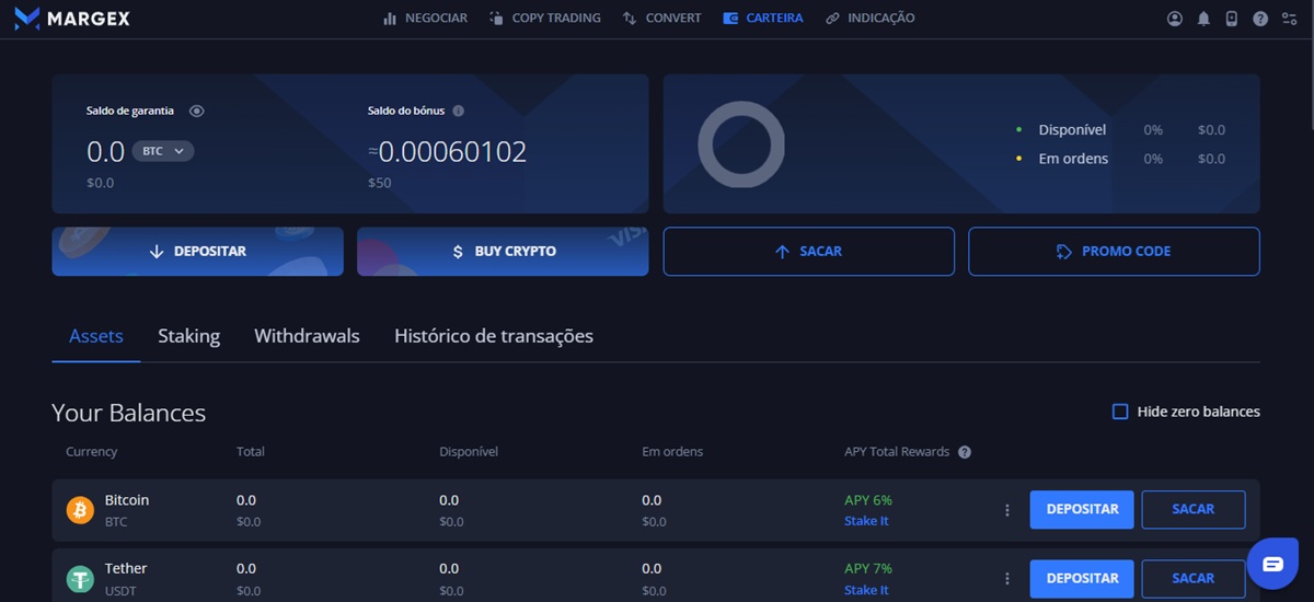 Painel de pagamentos para o Bônus de Depósito Margex